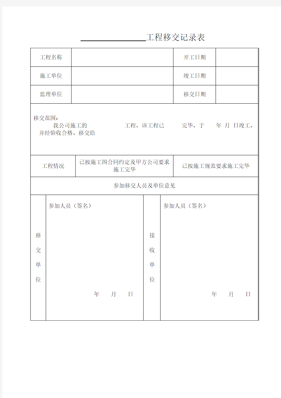 工程竣工移交记录表