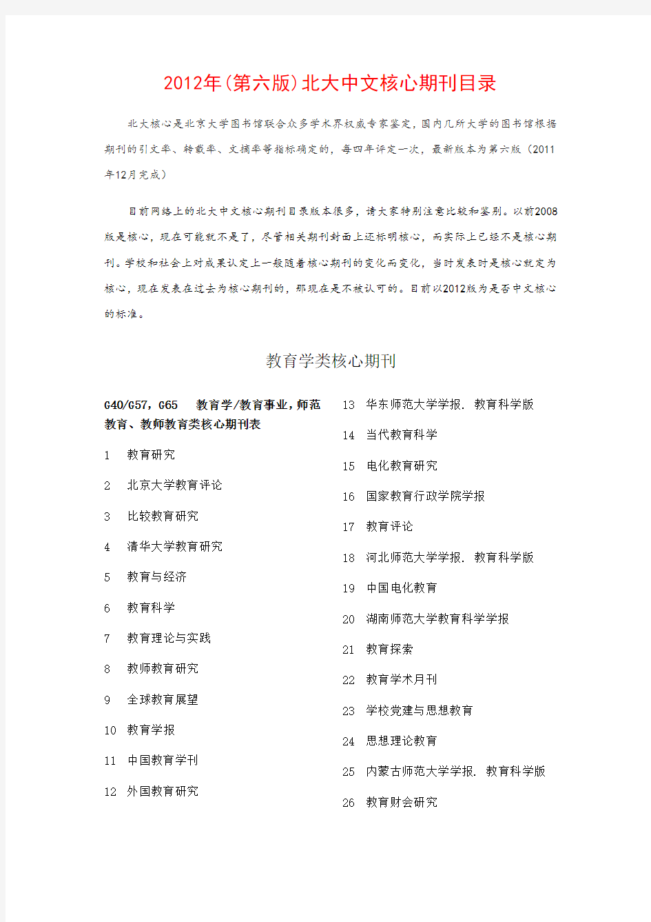 2012北大中文核心期刊目录(教育类)