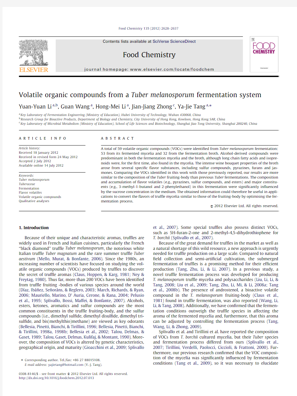 Volatile organic compounds from a Tuber melanosporum fermentation system