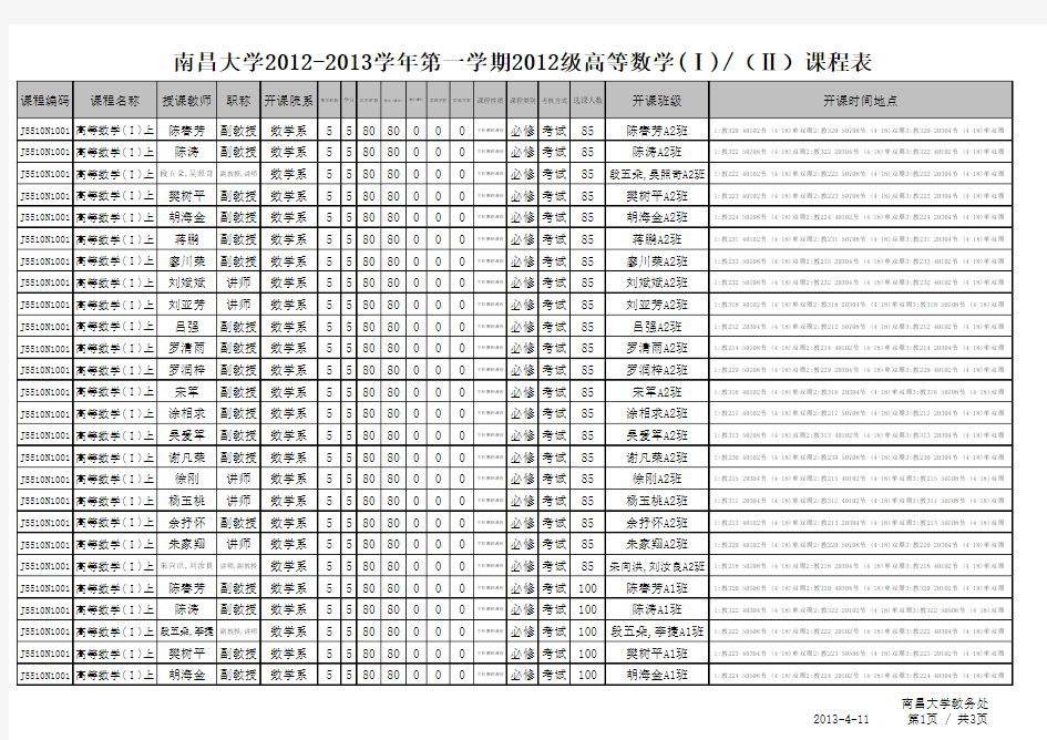 南昌大学2012-2013学年第一学期2012级高等数学(Ⅰ)(Ⅱ)课程表