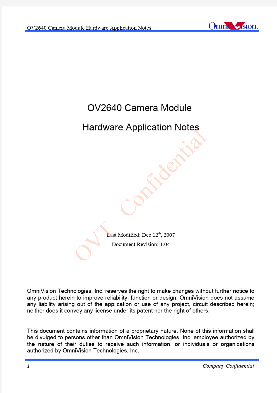 OV2640 Camera Module Hardware Application Notes1.04
