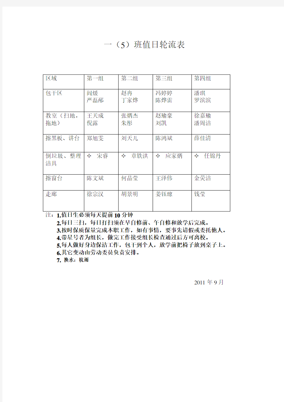 一(5)值日生轮流表