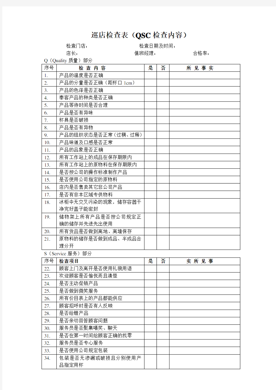 巡店检查表(qsc检查内容)