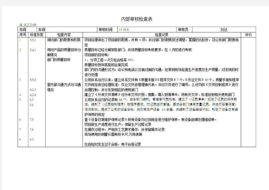 内部审核检查表