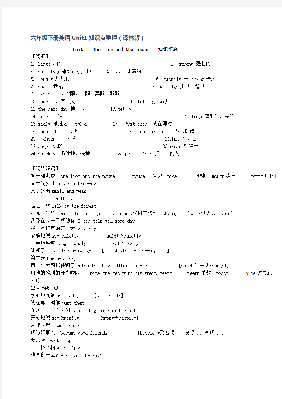 六下英语各单元知识点汇总译林版