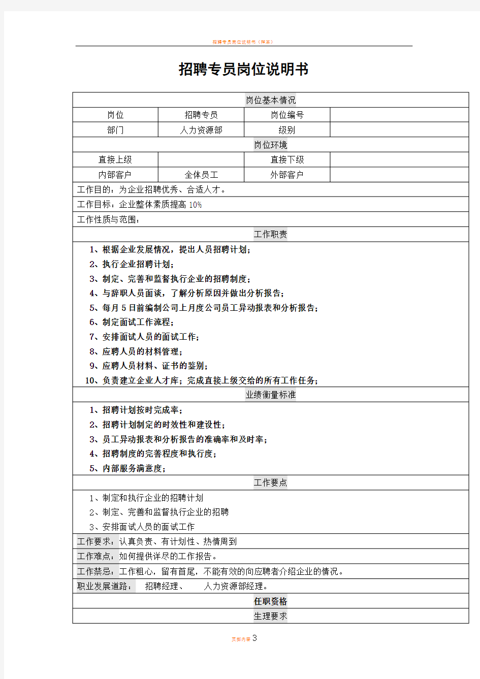 招聘专员岗位说明书1_作业