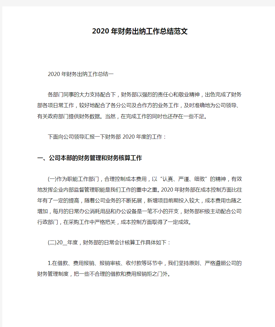 2020年财务出纳工作总结范文