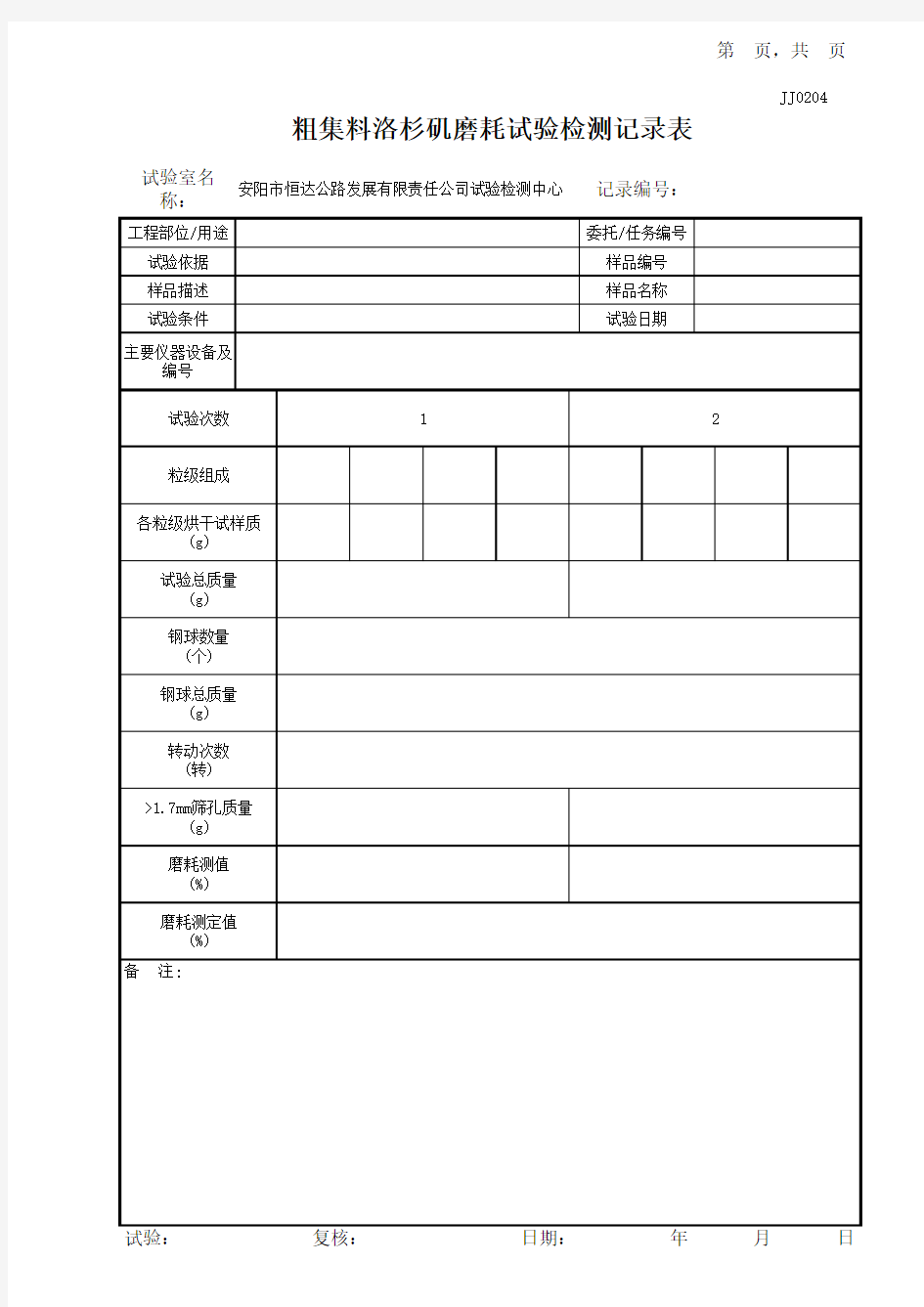 粗集料洛杉矶磨耗试验记录表