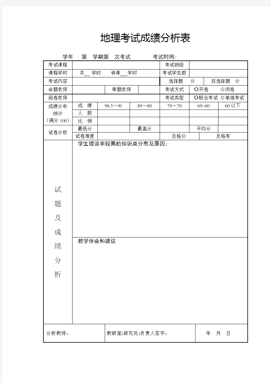 八年级历史成绩分析表