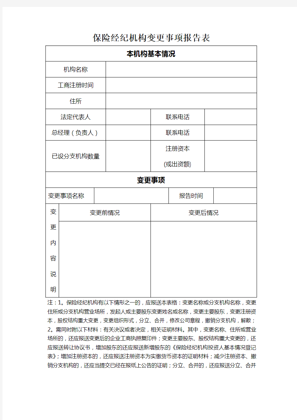 保险经纪机构变更事项报告表