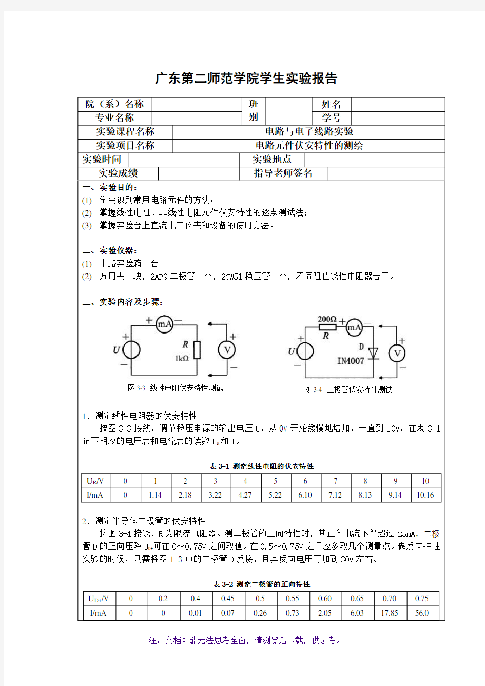 电路元件伏安特性的测绘实验报告