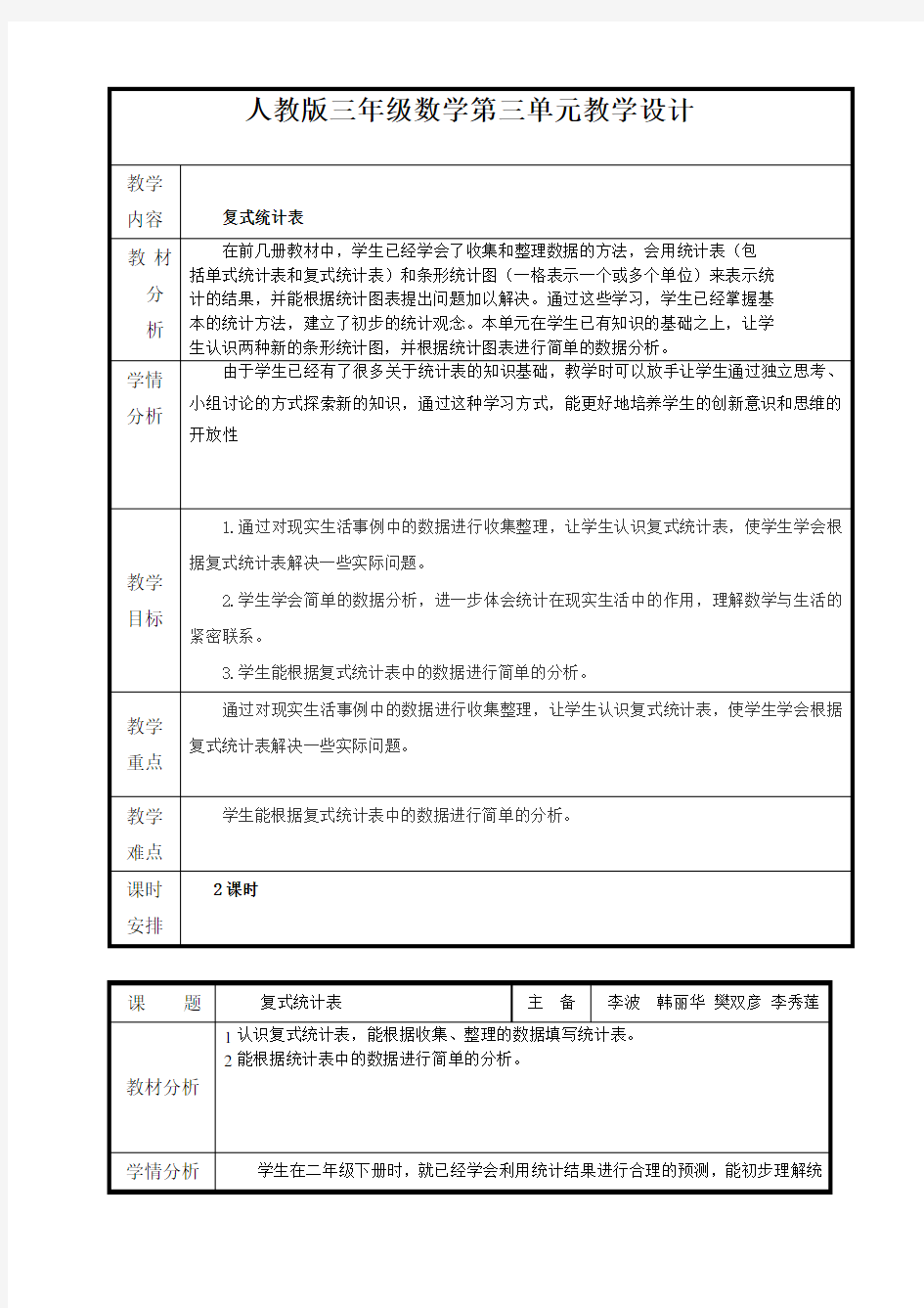 新人教版三年级下第三单元复式统计表