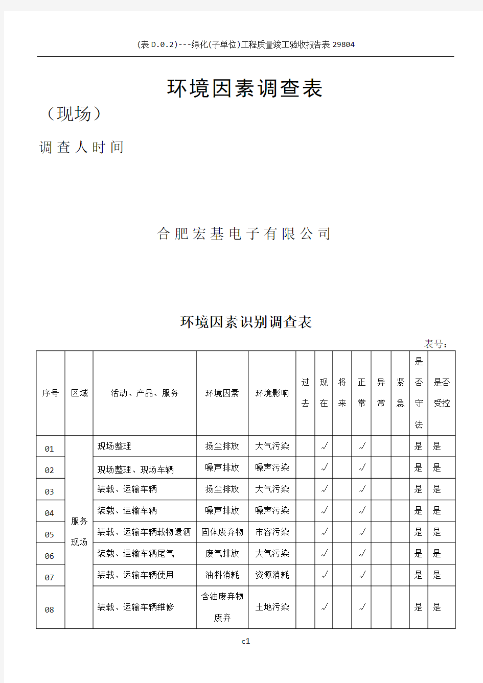 1-0环境因素调查表(施工现场)