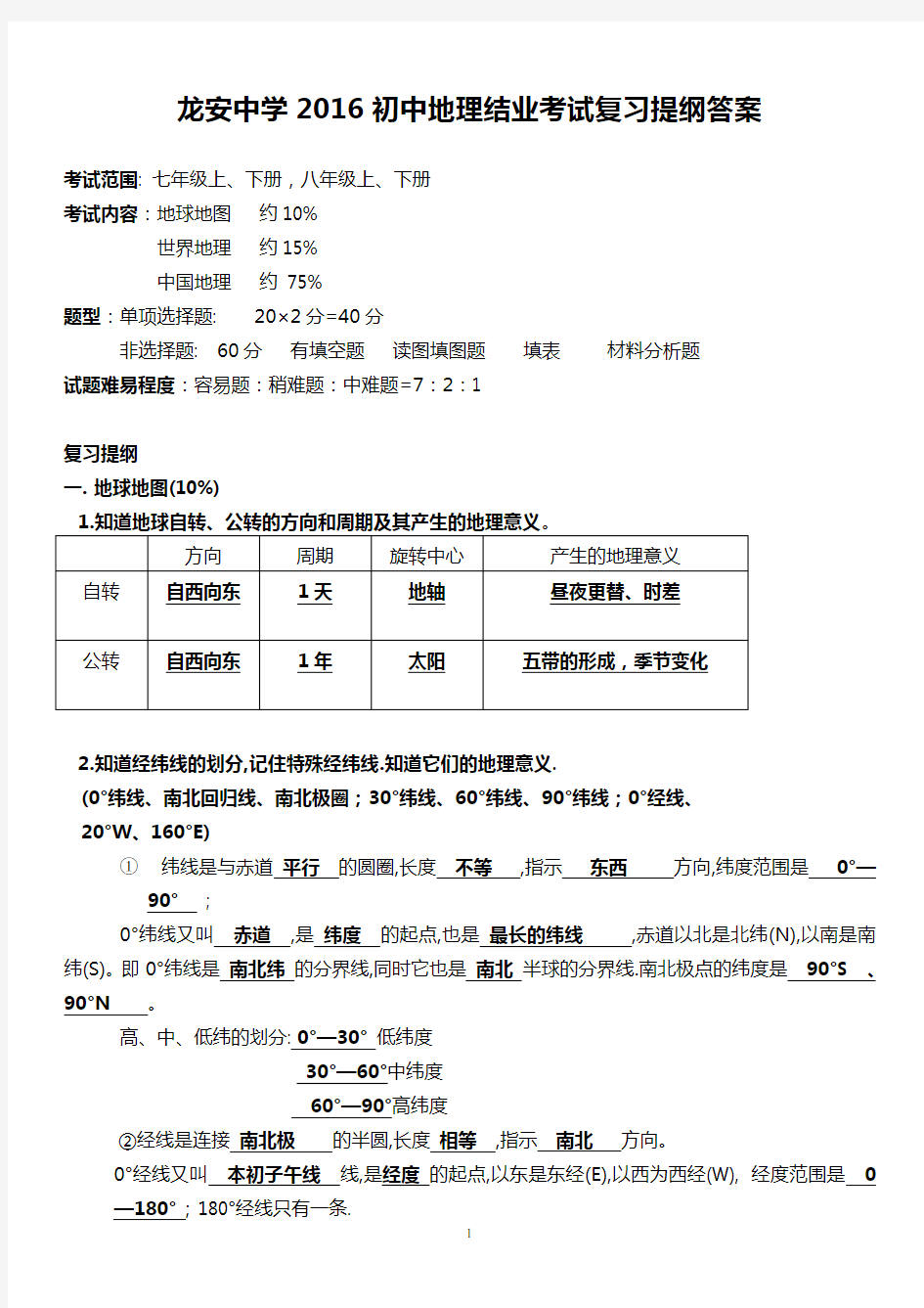 2016年初中地理结业考试复习(答案)