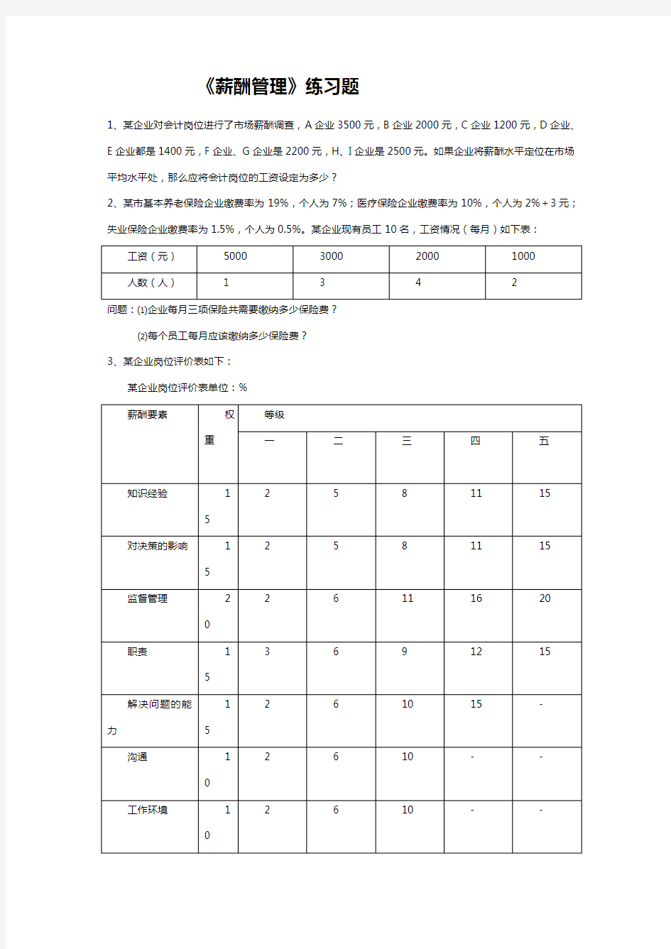 《薪酬管理》练习题