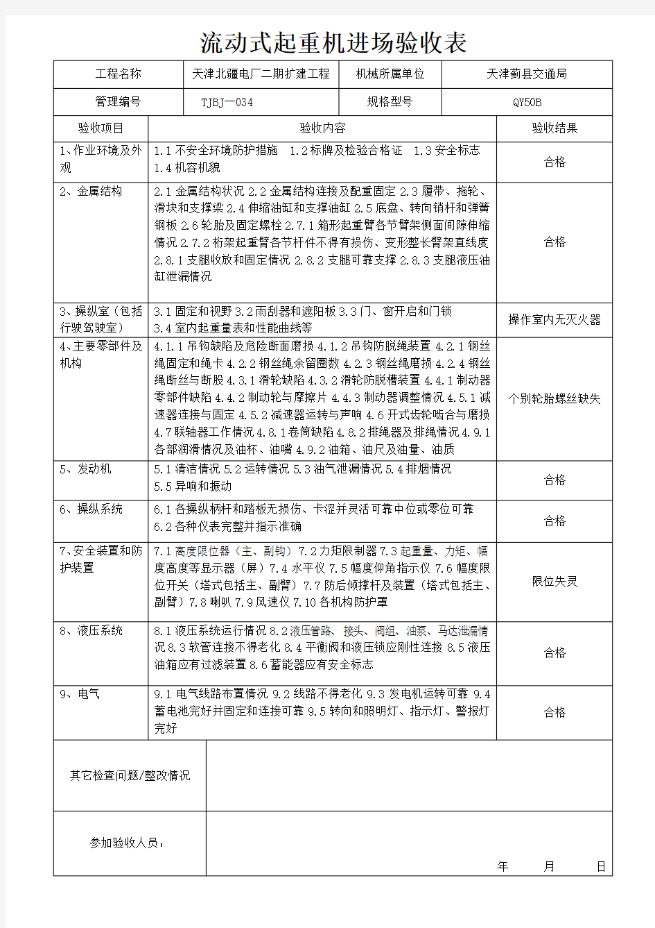 流动式起重机检查表(验收用)