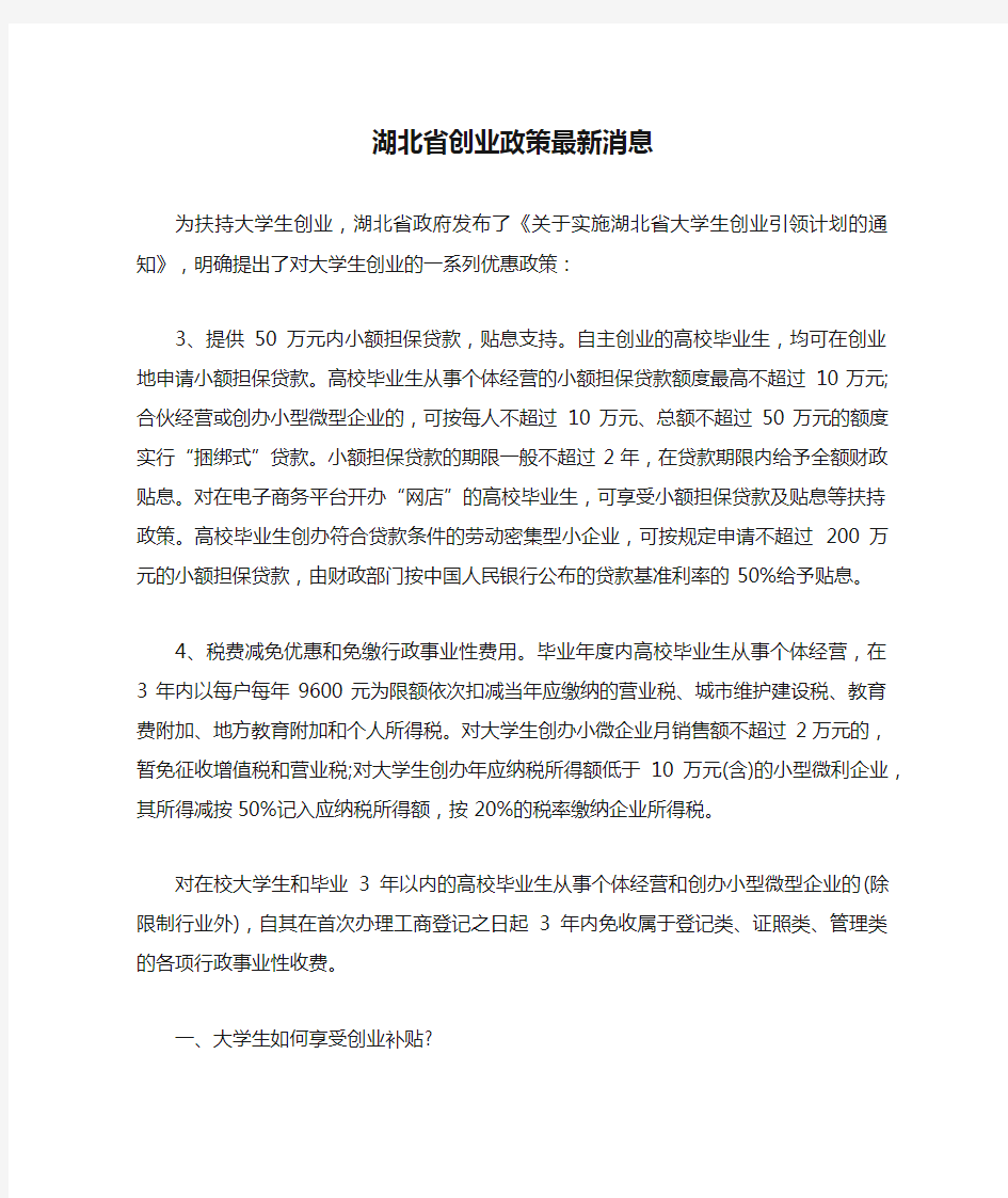 湖北省创业政策最新消息