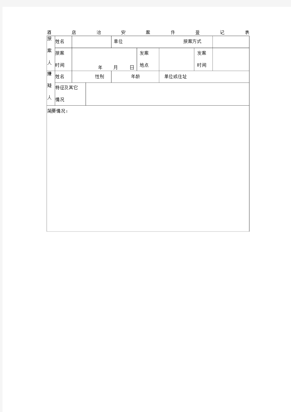 酒店治安案件登记表