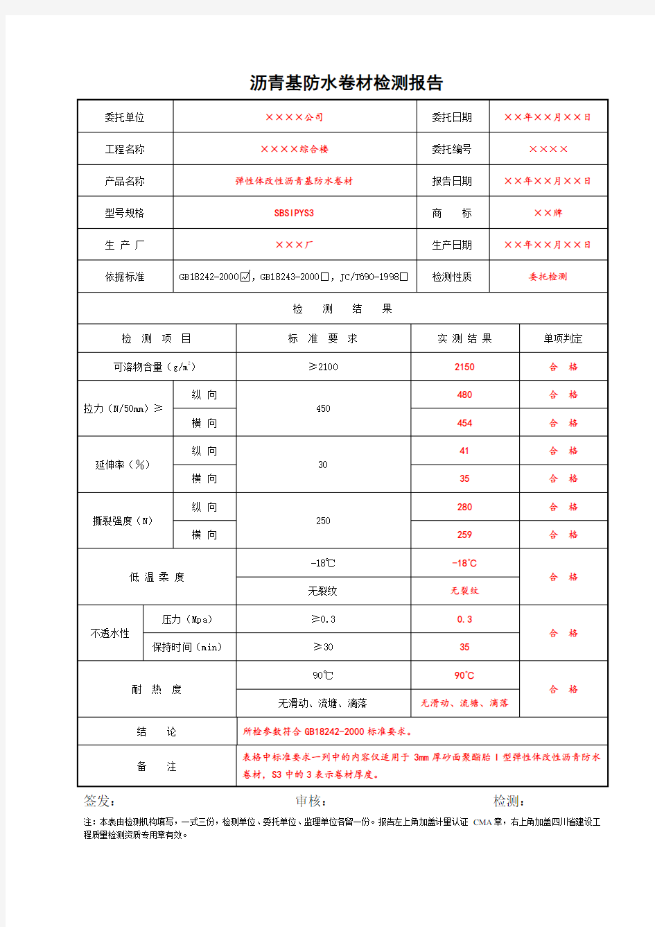 沥青基防水卷材检测报告