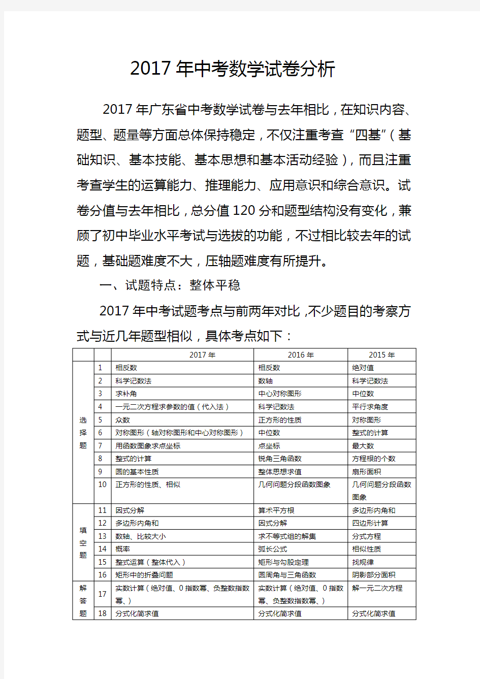 2017年中考数学试卷分析