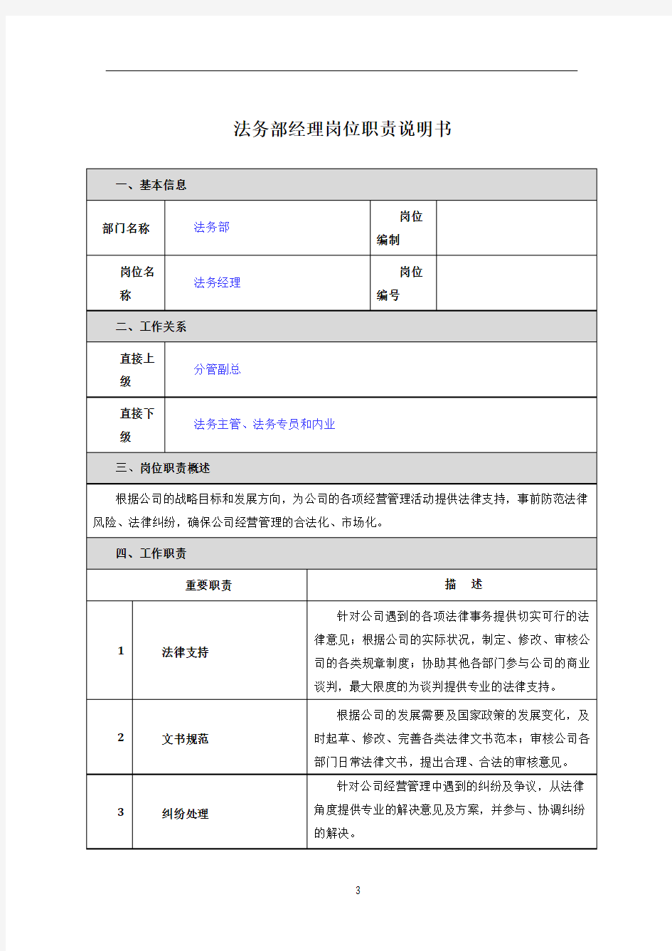 法务部经理岗位职责说明书(房地产行业)