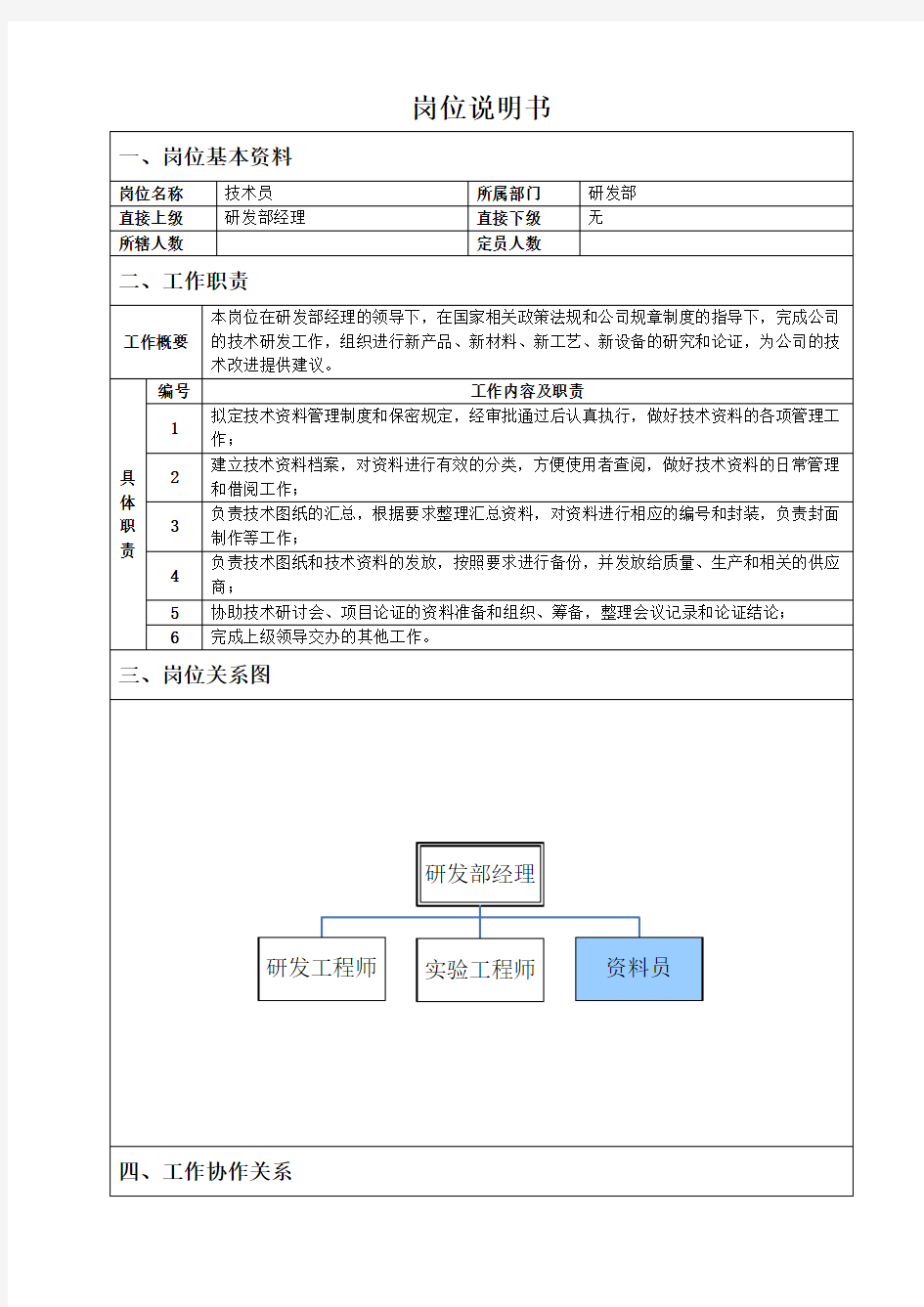 研发部资料员岗位说明书