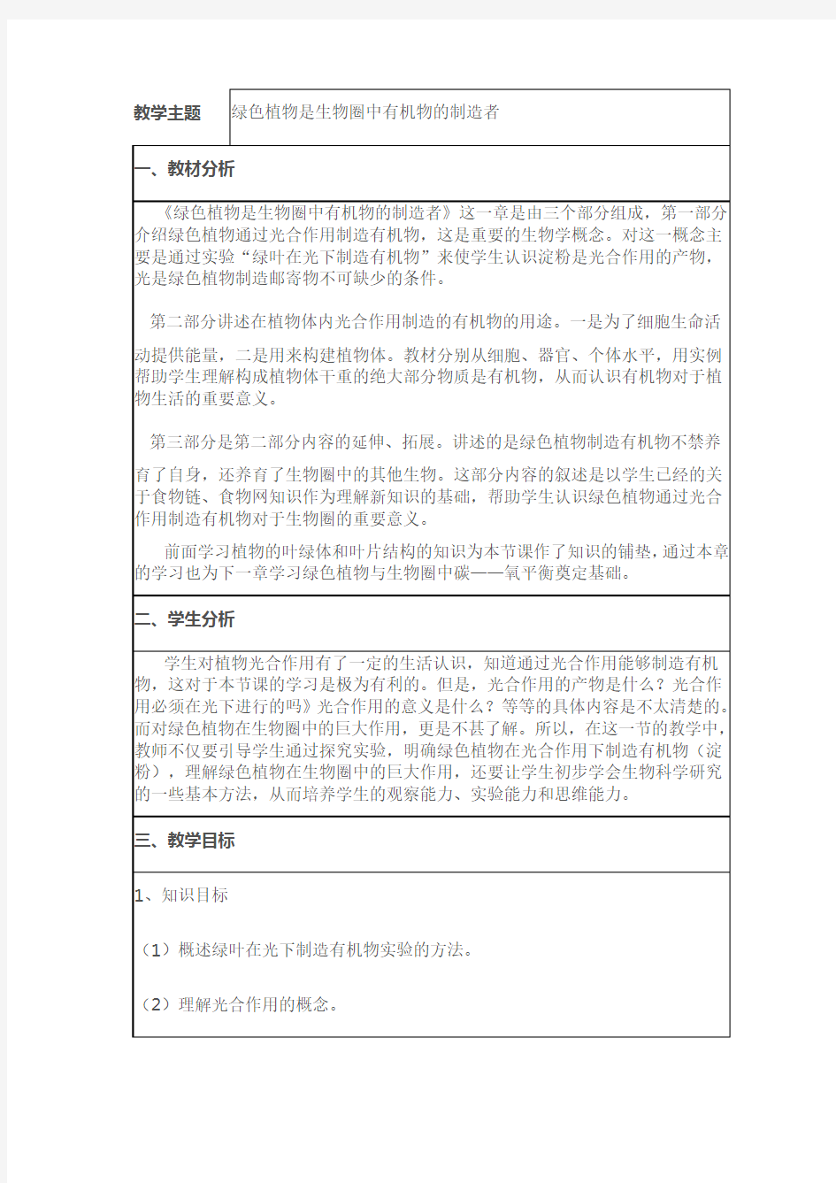 绿色植物是生物圈中有机物的制造者教学设计