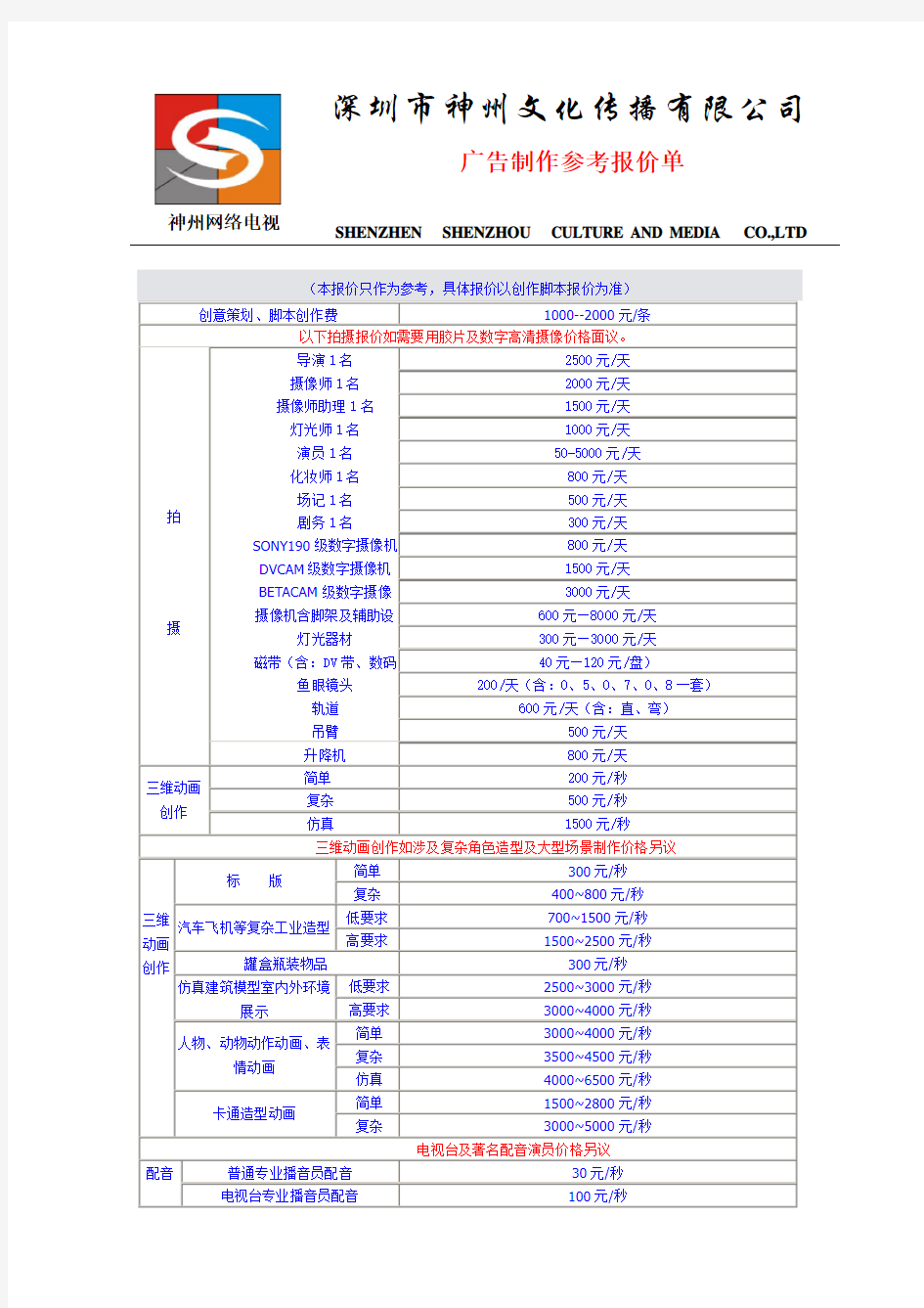 某有限公司广告制作参考报价单