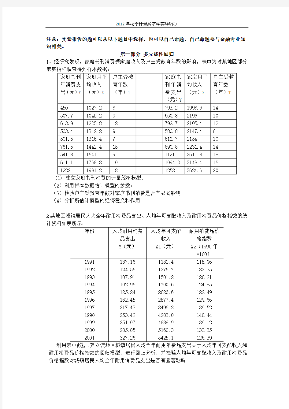 计量经济学实验题目和数据