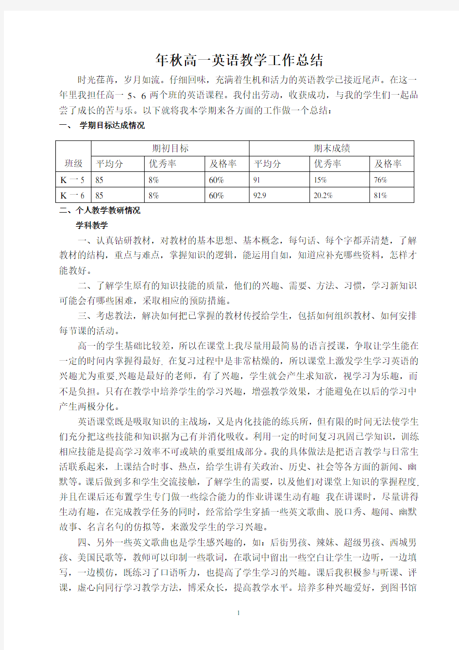 高中英语教学工作总结