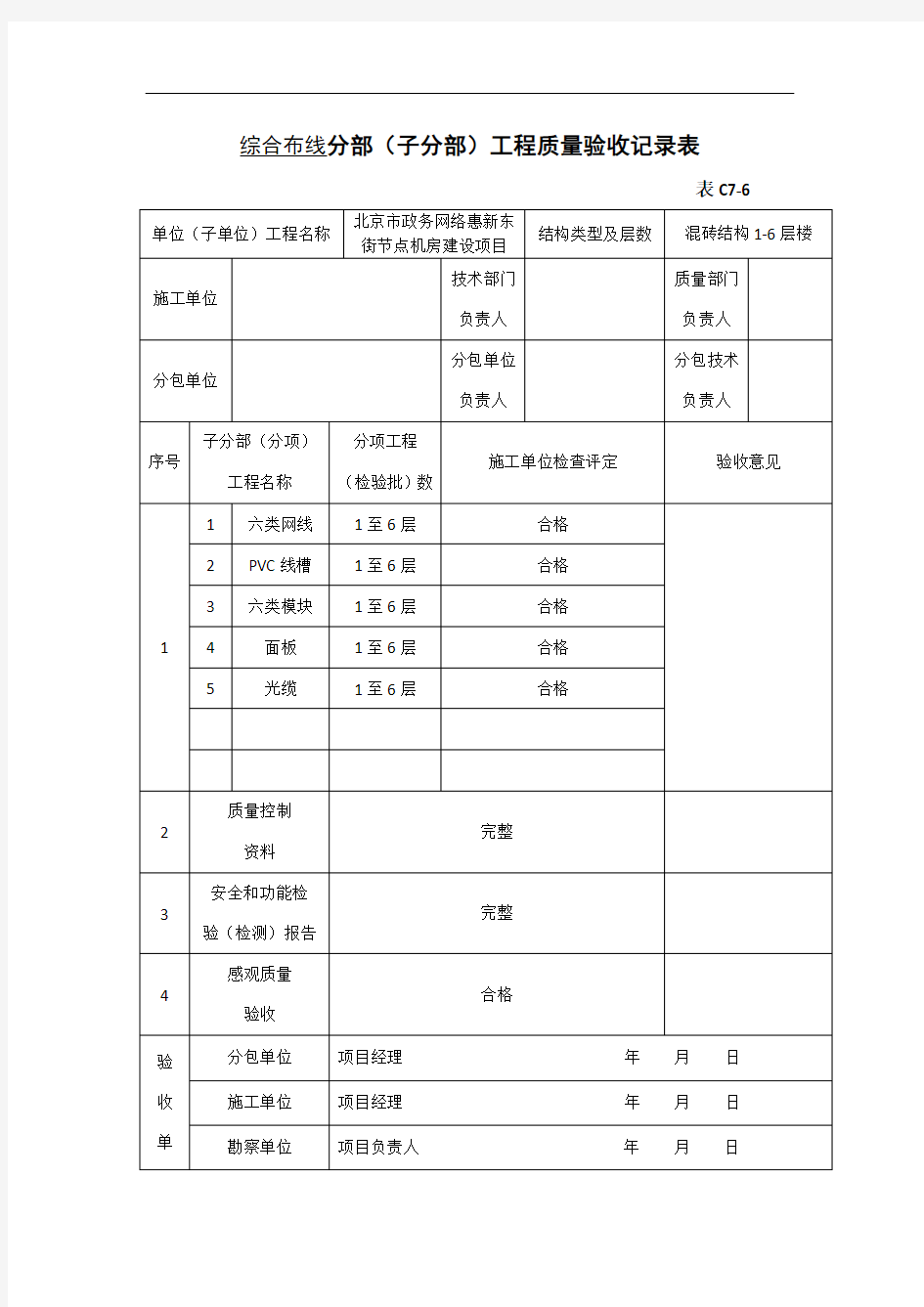 分部(子分部工程质量验收记录表)