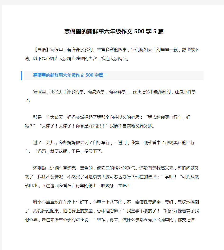 寒假里的新鲜事六年级作文500字5篇