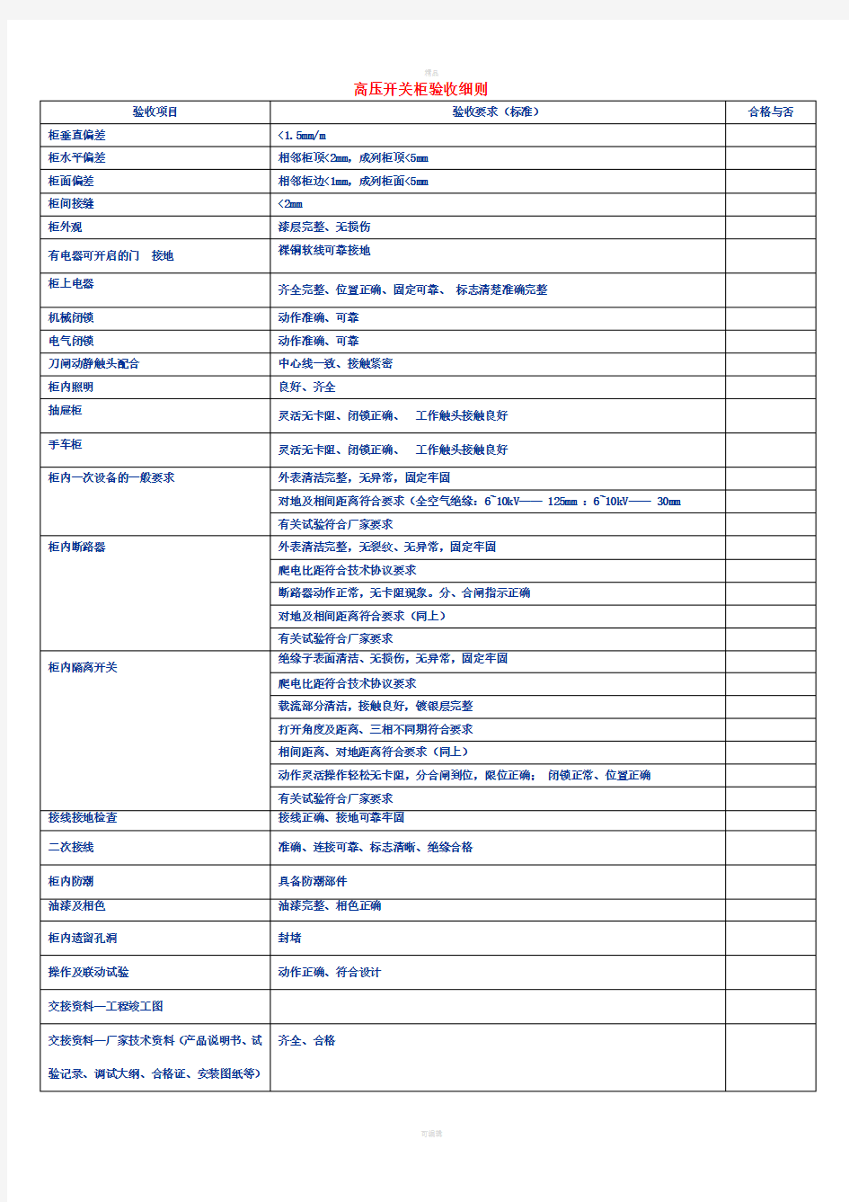 高压开关柜验收细则
