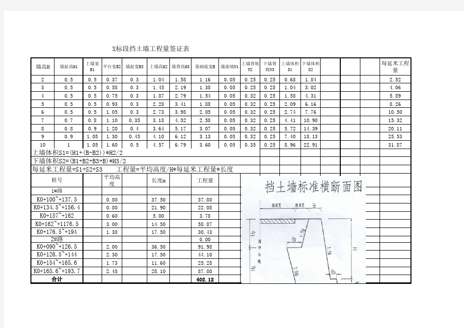 (一套超级经典)挡土墙工程数量计算表