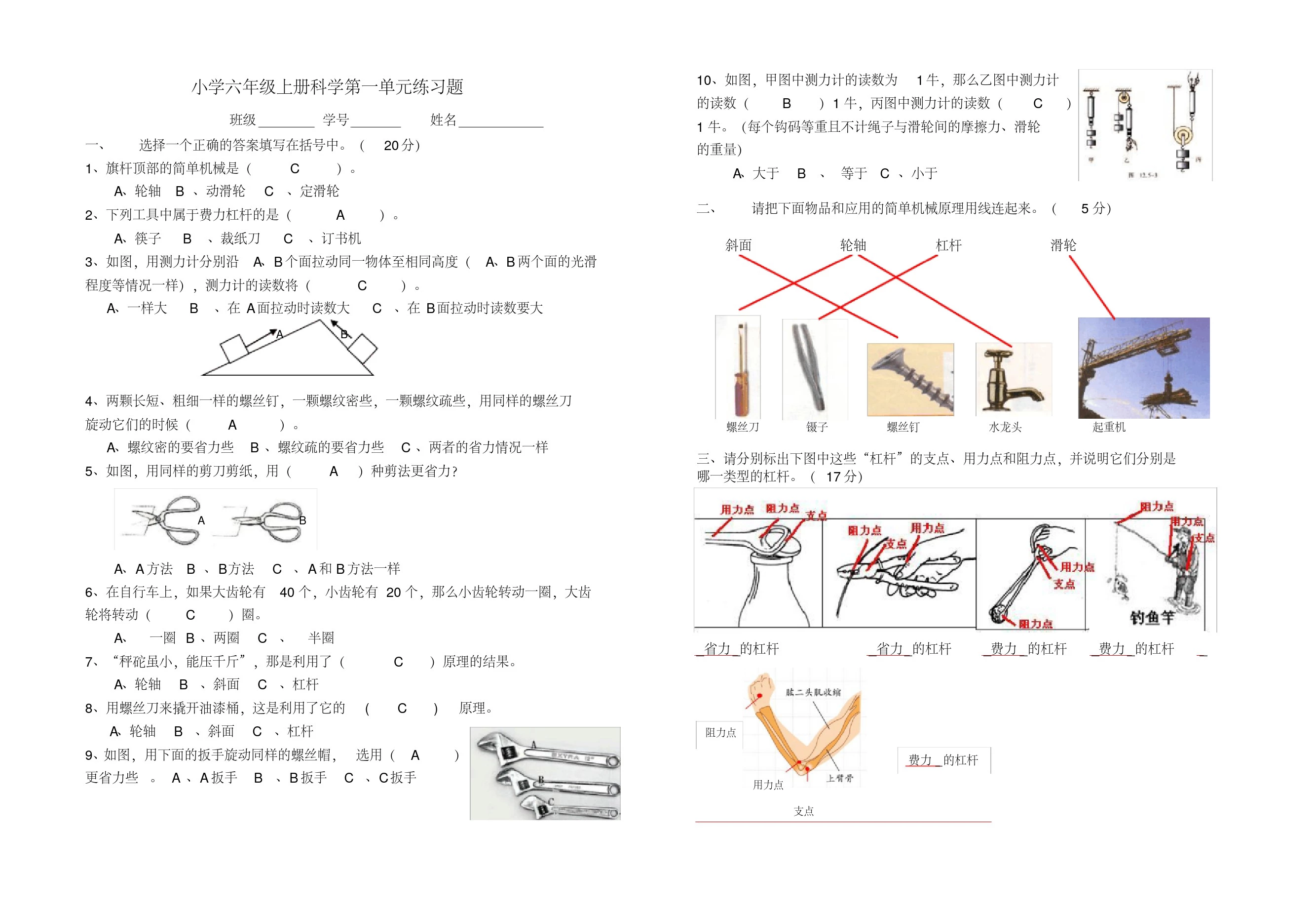 小学科学六年级上册单元练习试题全册