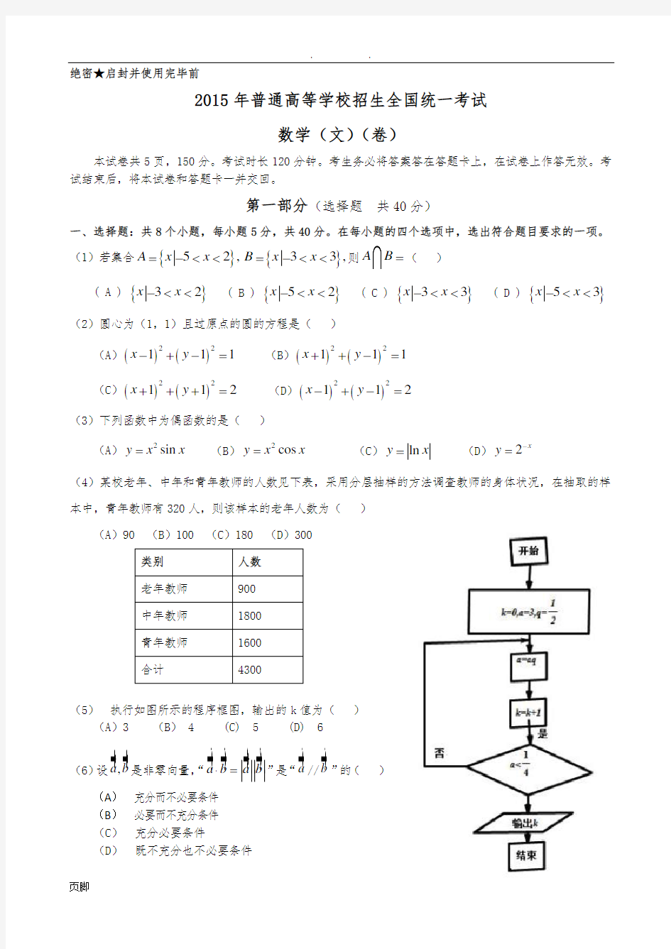 2015年北京高考数学文科试题及答案