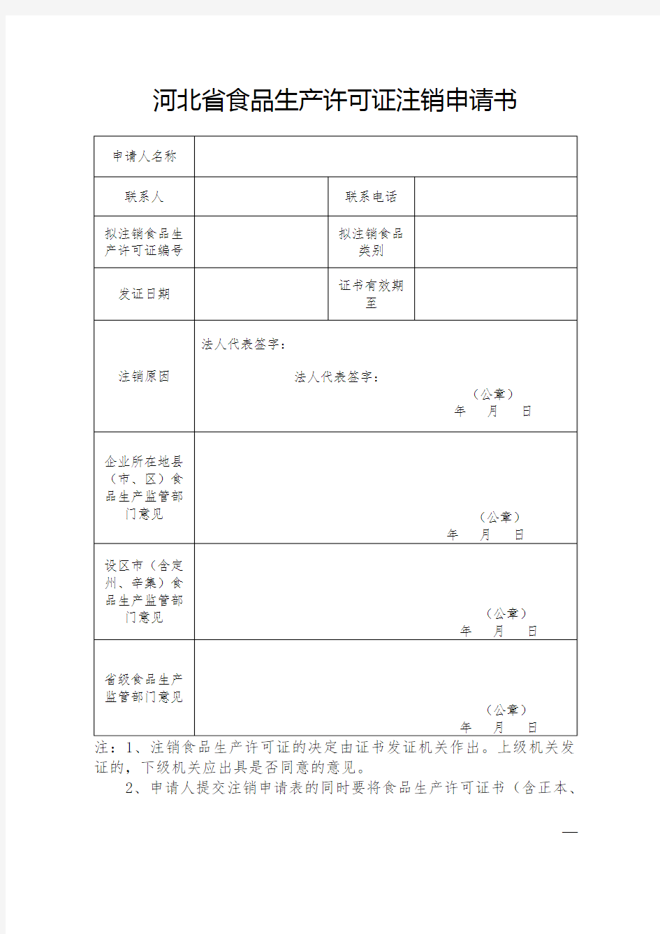 河北省食品生产许可证注销申请书【模板】