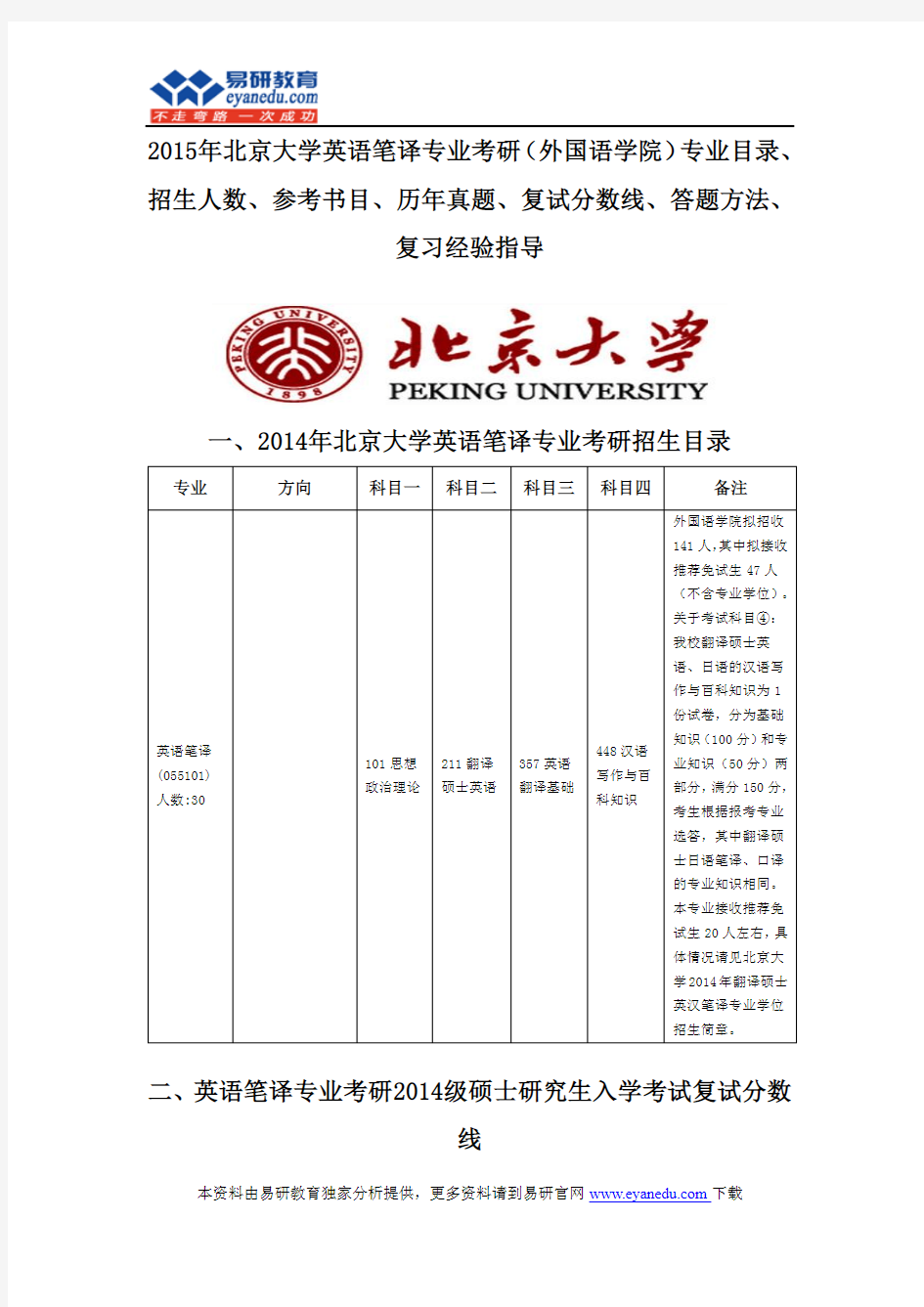 2015北京大学英语笔译专业考研(外国语学院)专业目录招生人数参考书目历年真题复试分数线答题方法