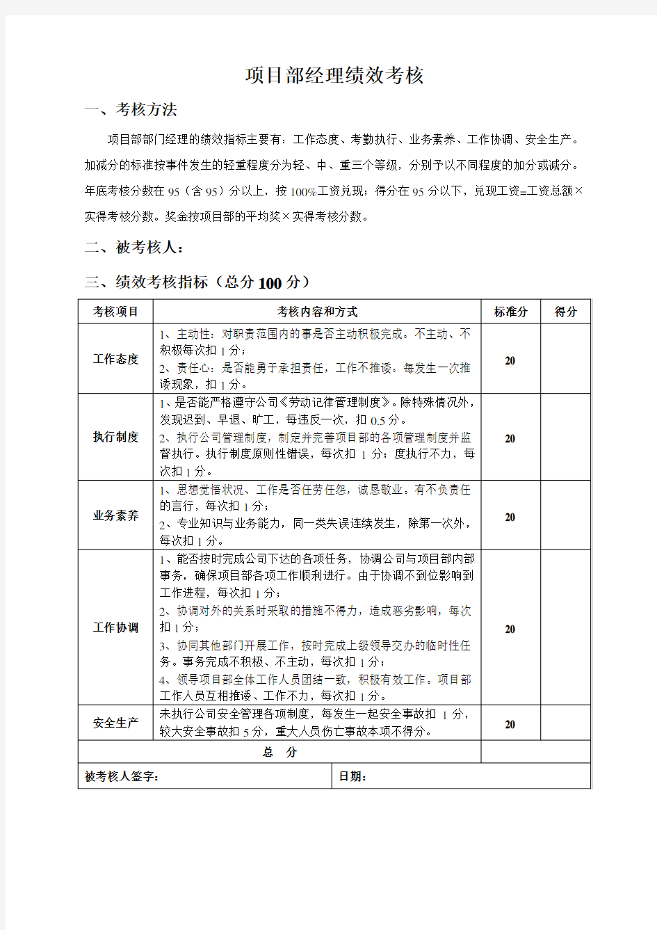 项目类管理人员KPI绩效考核表