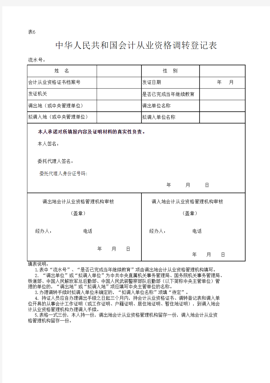 《中华人民共和国会计从业资格调转登记表》