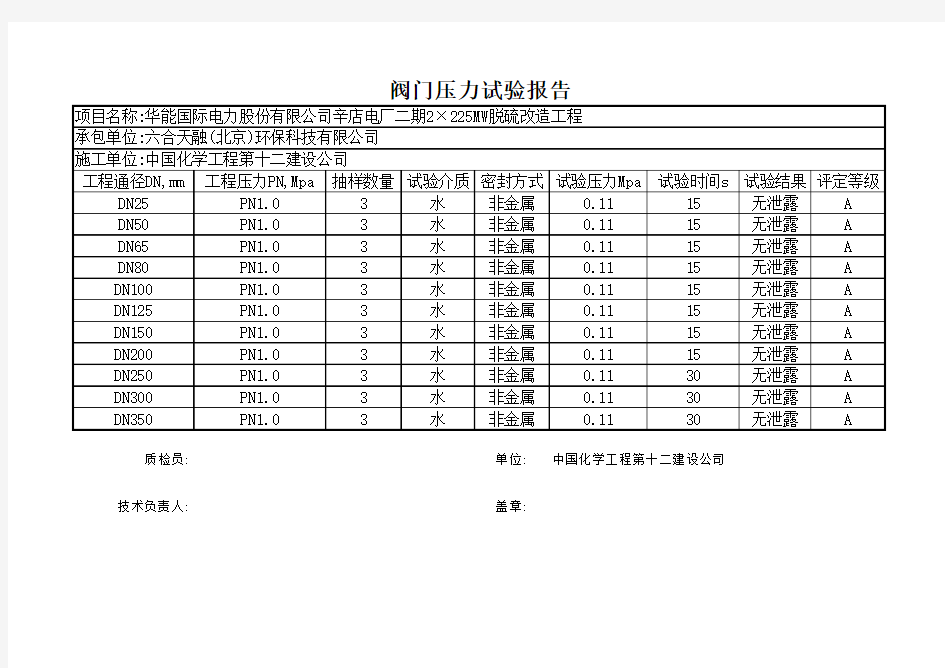 阀门试压试验报告