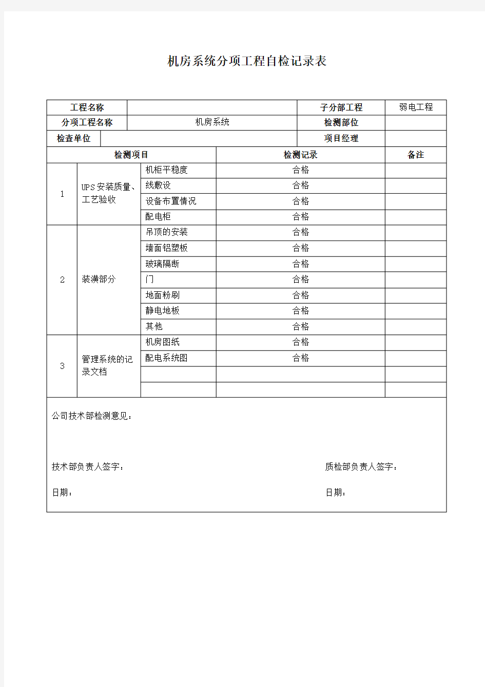 弱电系统自检记录检查表(样本)