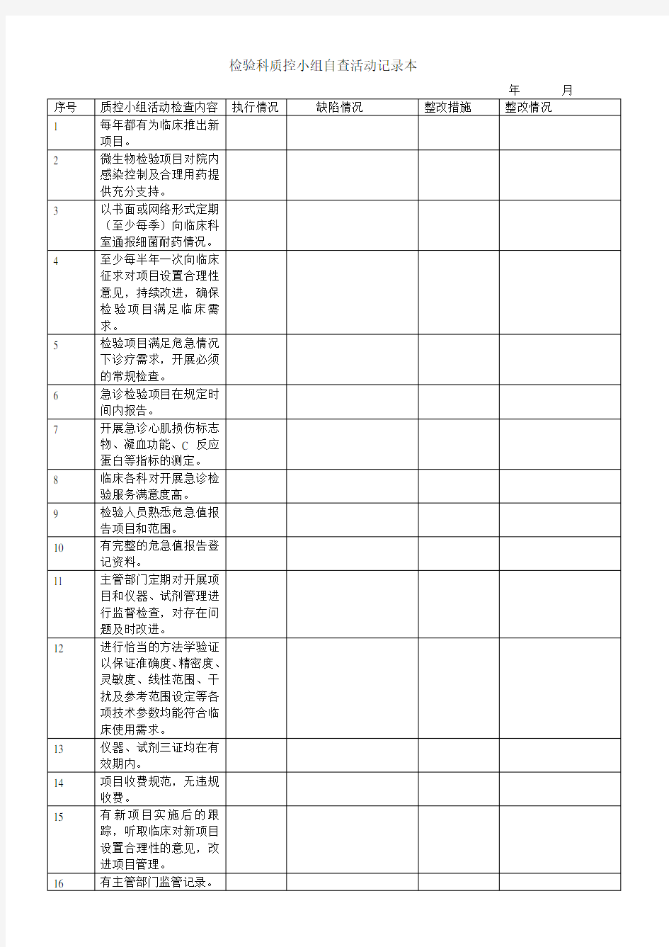 二甲医院检验科质控小组自查活动记录本