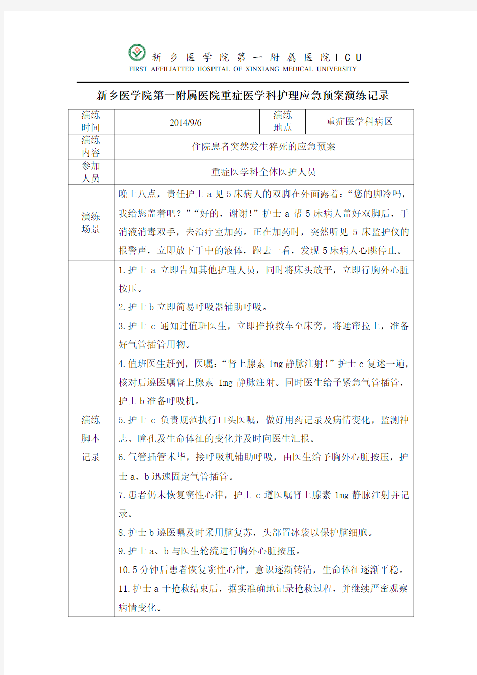 ICU住院患者突然发生猝死的应急预案演练