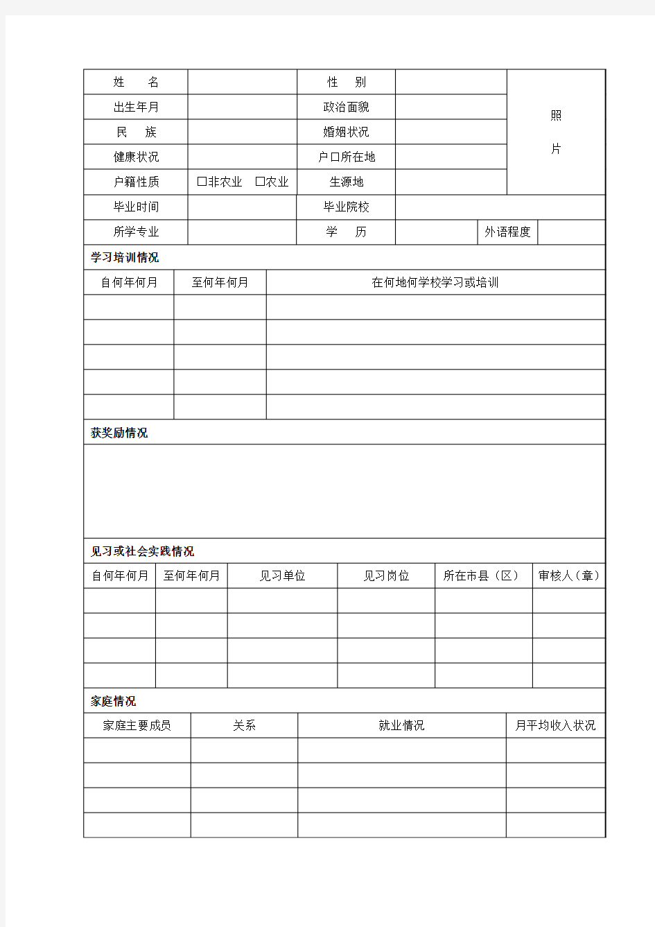 陕西省未就业高校毕业生登记表(1份,双面打印)