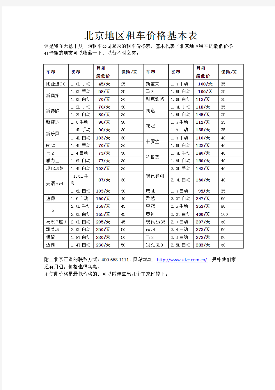北京地区租车价格基本表