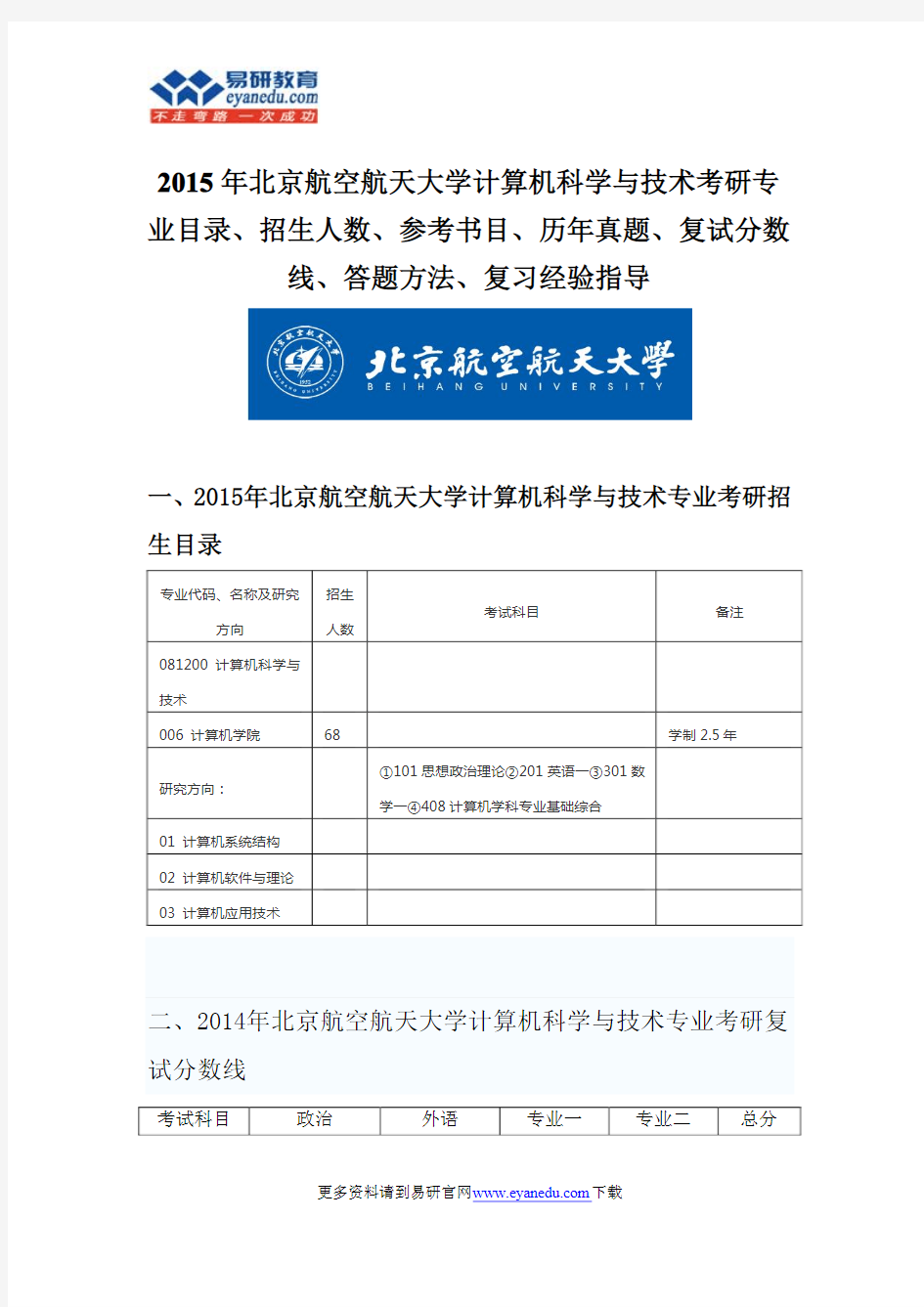 2015北京航空航天大学计算机科学与技术硕士考研考研专业目录招生人数参考书目历年真题复试分数线答题方法