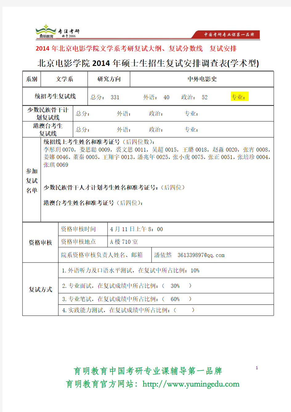 2014年北京电影学院 文学系 中外电影史(学硕) 复试大纲、复试分数线  复试安排