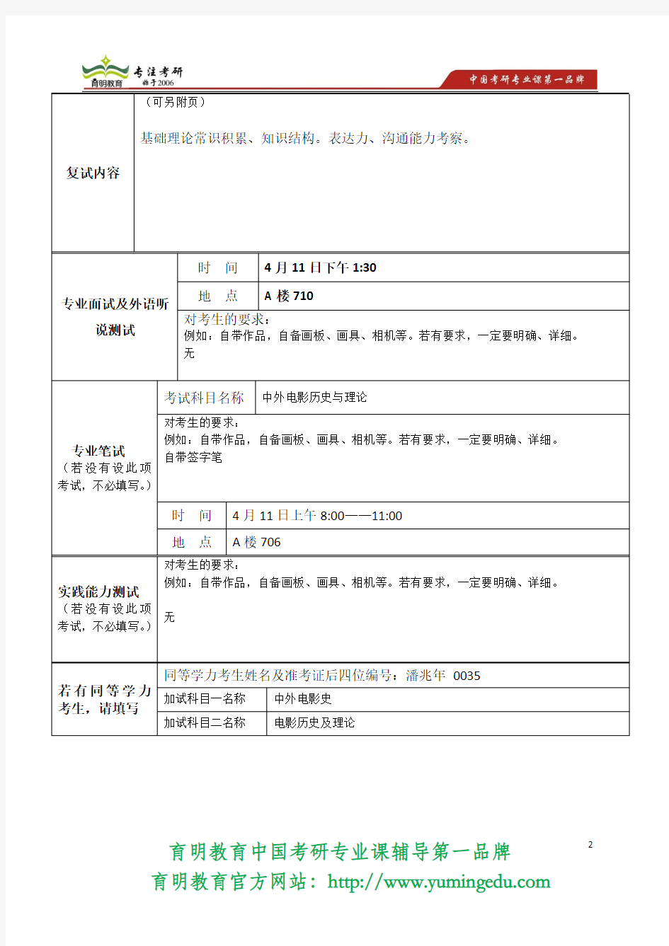 2014年北京电影学院 文学系 中外电影史(学硕) 复试大纲、复试分数线  复试安排