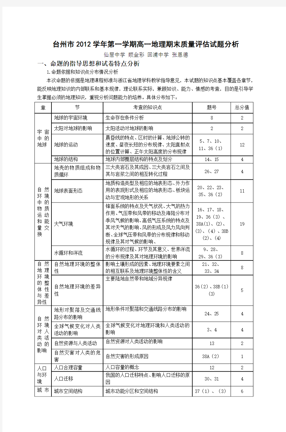 台州市2012学年第一学期高一地理期末质量评估试题分析